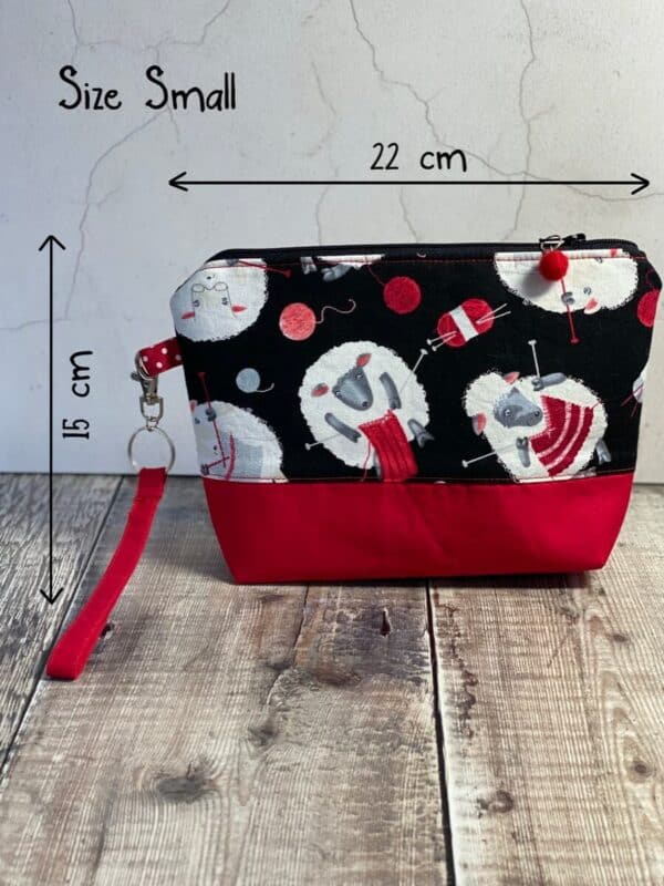 sheep themed knitting project bag in size small, with measurements shown