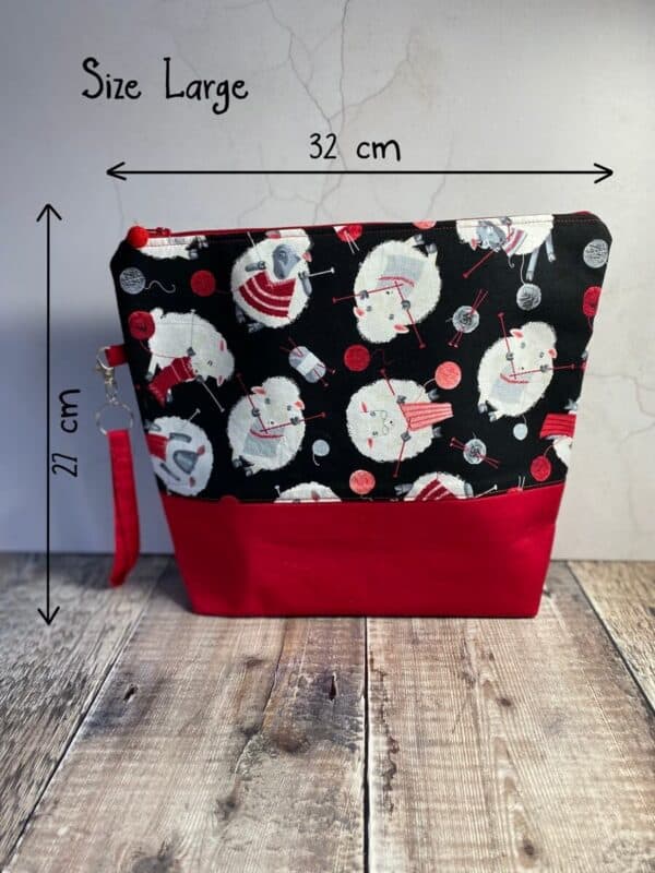 sheep themed knitting project bag in size large, with measurements shown