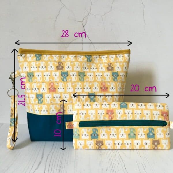 Yellow cat themed knitting storage bag and notions pouch combo, with measurements