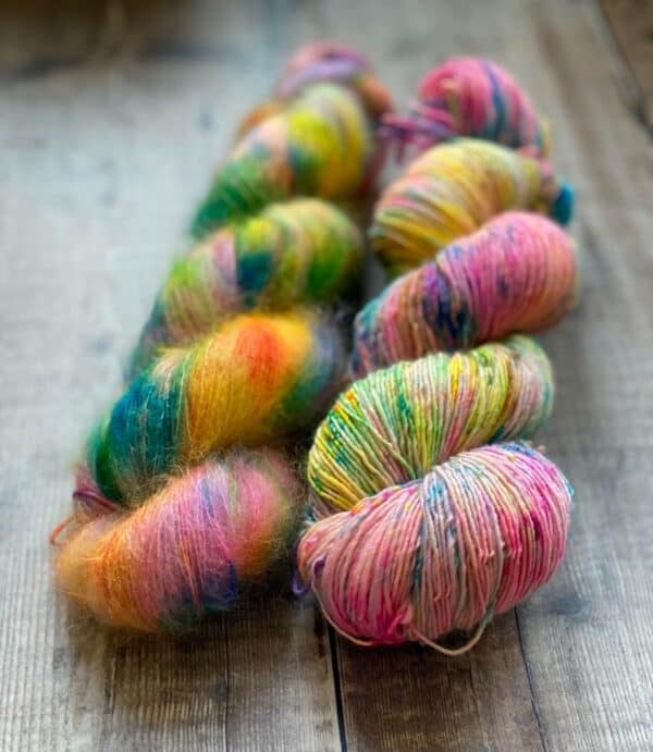 rainbow neon lace and sock weight yarns